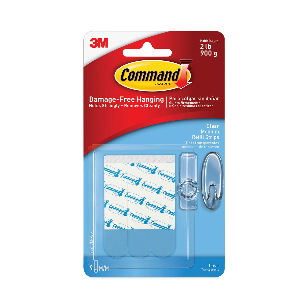 Command Refill Strips, Removable, Holds Up to 2 lbs, 0.63 x 1.75, Clear, 9/Pack (17021CLRES)