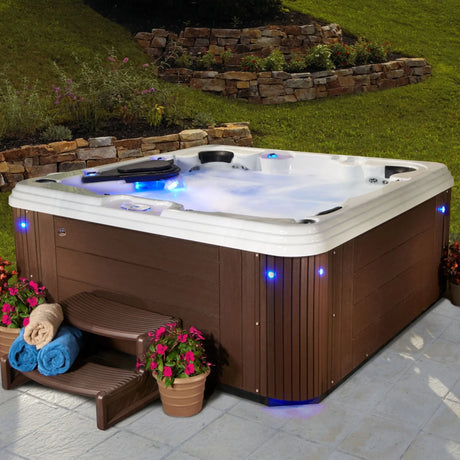 Celestial Spas Pearl Hot Tub (6-Person, 67 Jets) | Bluetooth & Lounger in White/Silver Marble Celestial Spas