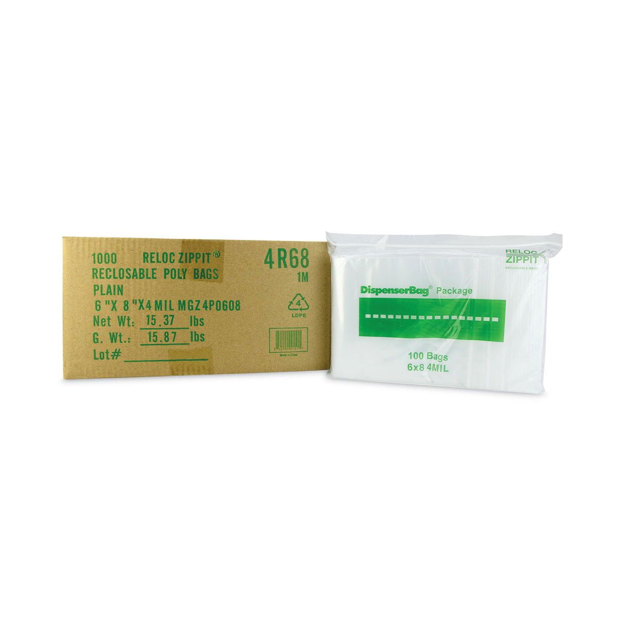 BagCo Zippit Resealable Bags, 4 mil, 6 x 8, Clear, 100 Bags/Pack, 10 Packs/Carton (MGZ4P0608)