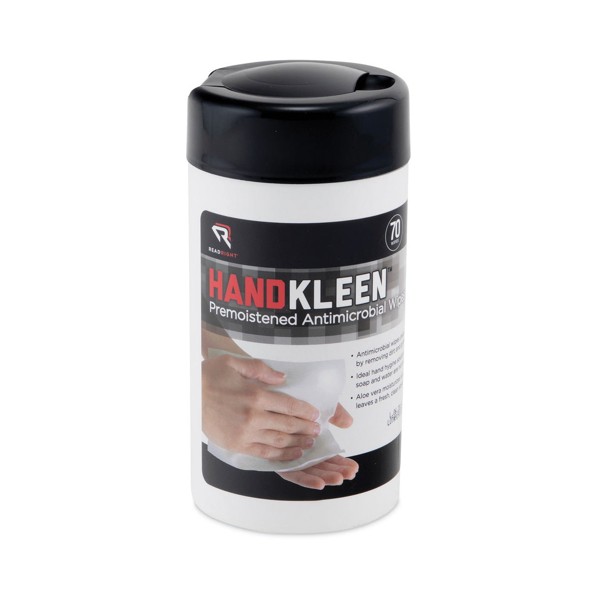 Read Right HandKleen Premoistened Antibacterial Wipes, Cloth, 5.5 x 6.5, Unscented, White, 70/Tub (RR1460)