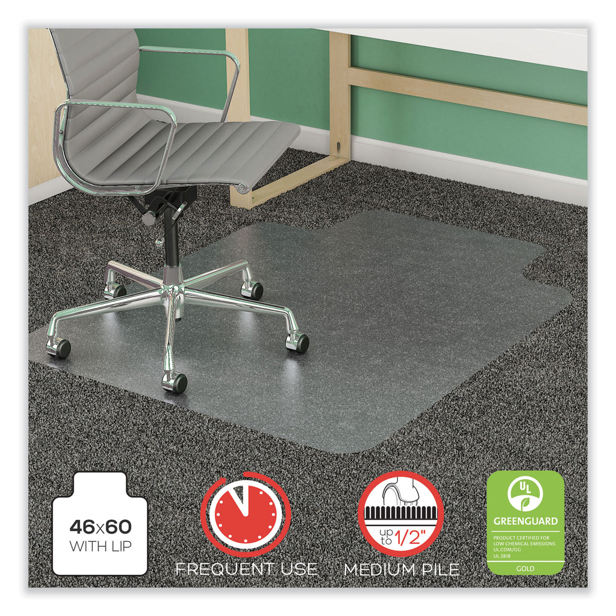 Deflecto SuperMat Frequent Use Chair Mat for Medium Pile Carpet, 46 x 60, Wide Lipped, Clear (CM14432F)
