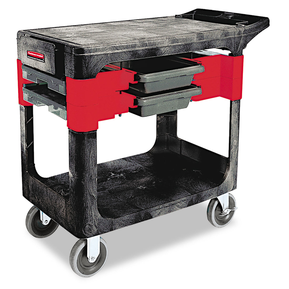 Rubbermaid Commercial Two-Shelf Trades Cart, Plastic, 2 Shelves, 2 Drawers, 330 lb Capacity, 19.25" x 38" x 33.38", Black (618000BLA)