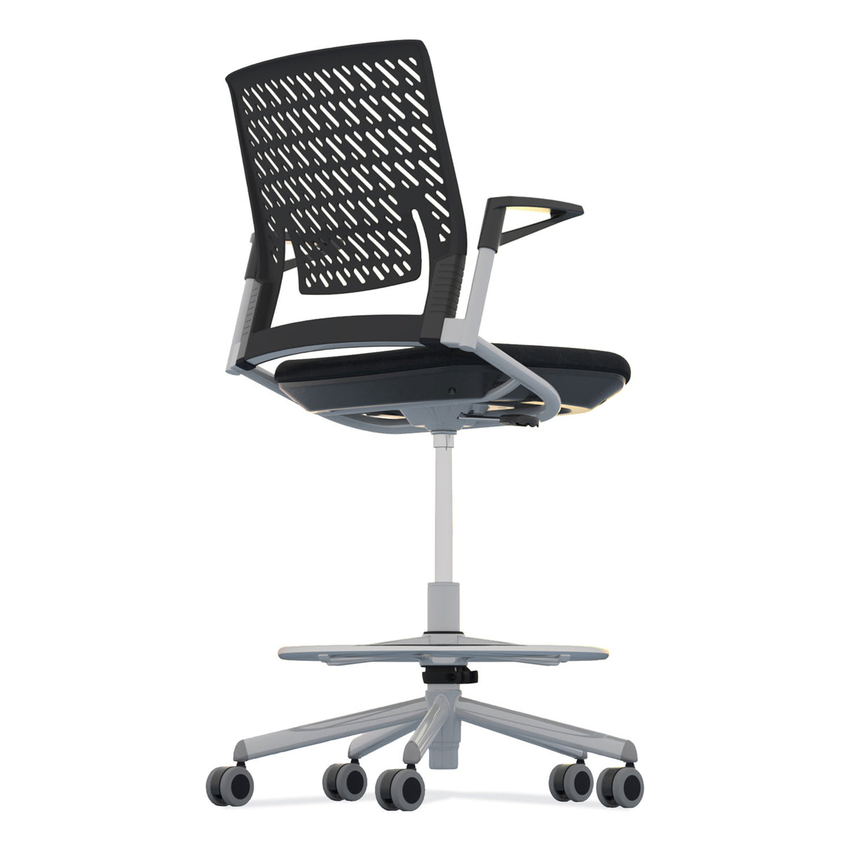 Safco Thesis Flex Back Stool with Arms, Supports Up to 250 lb, 21.5" to 29.5" Seat Height, Black Seat, Silver Base (KSX1SBBLK)