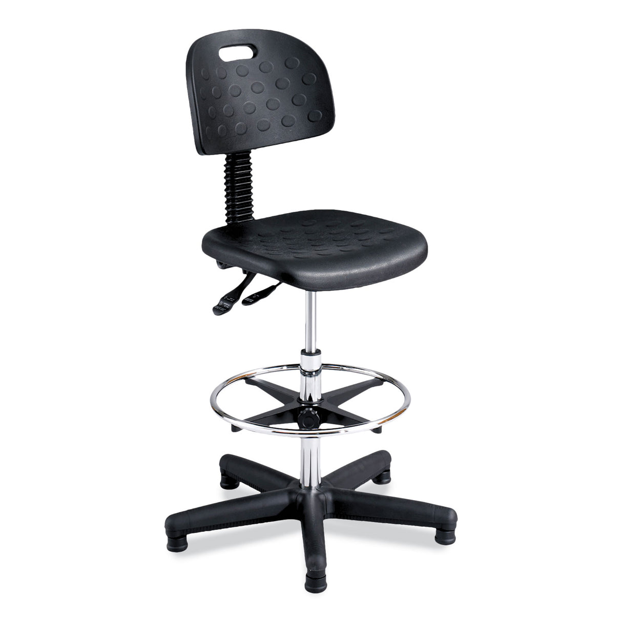 Safco Soft Tough Deluxe Workbench Chair, Supports Up to 250 lb, 22" to 32" Seat Height, Black Seat, Black/Silver Base (6912)