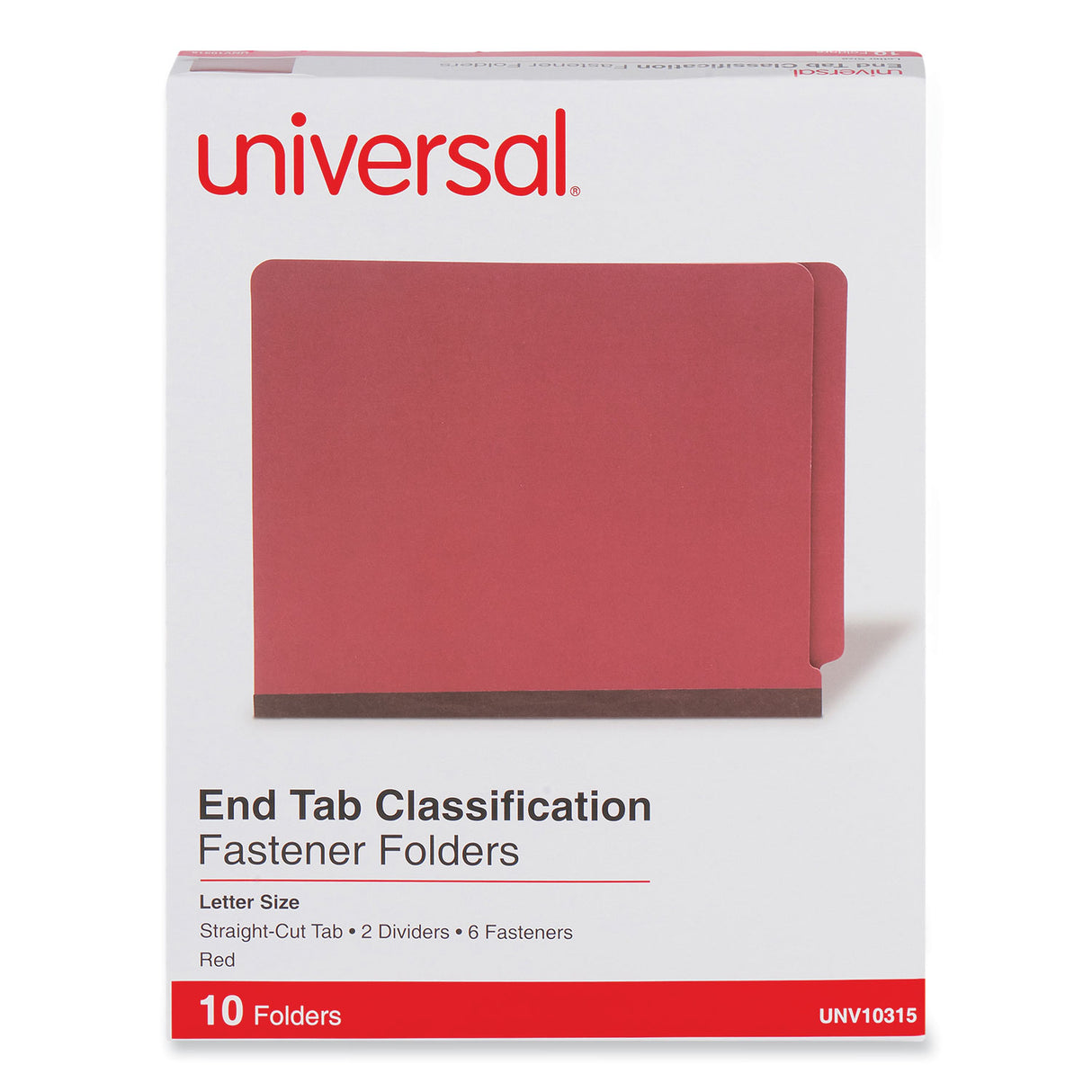 Universal Red Pressboard End Tab Classification Folders, 2" Expansion, 2 Dividers, 6 Fasteners, Letter Size, Red Exterior, 10/Box (UNV10315)