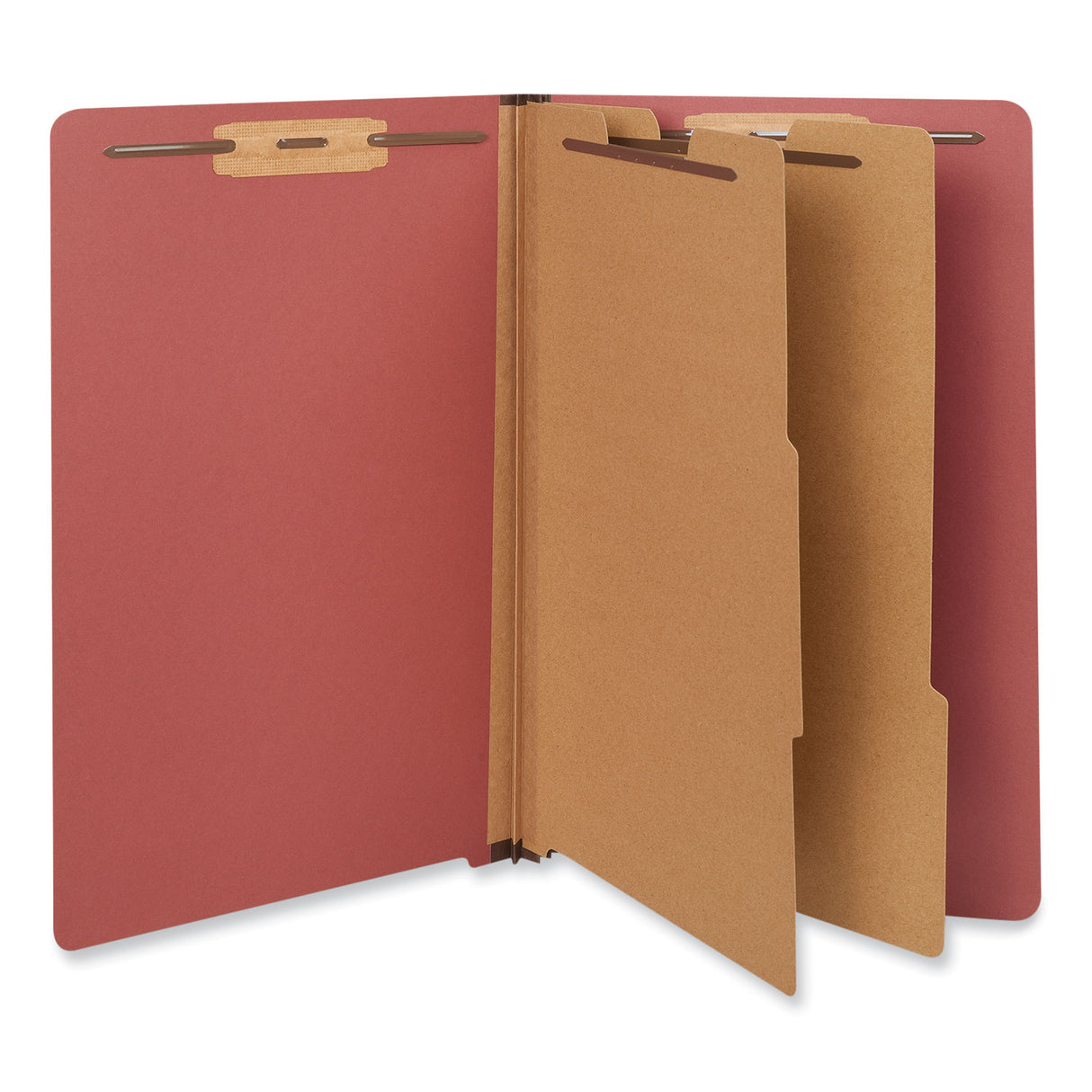 Universal Red Pressboard End Tab Classification Folders, 2" Expansion, 2 Dividers, 6 Fasteners, Legal Size, Red Exterior, 10/Box (UNV10316)