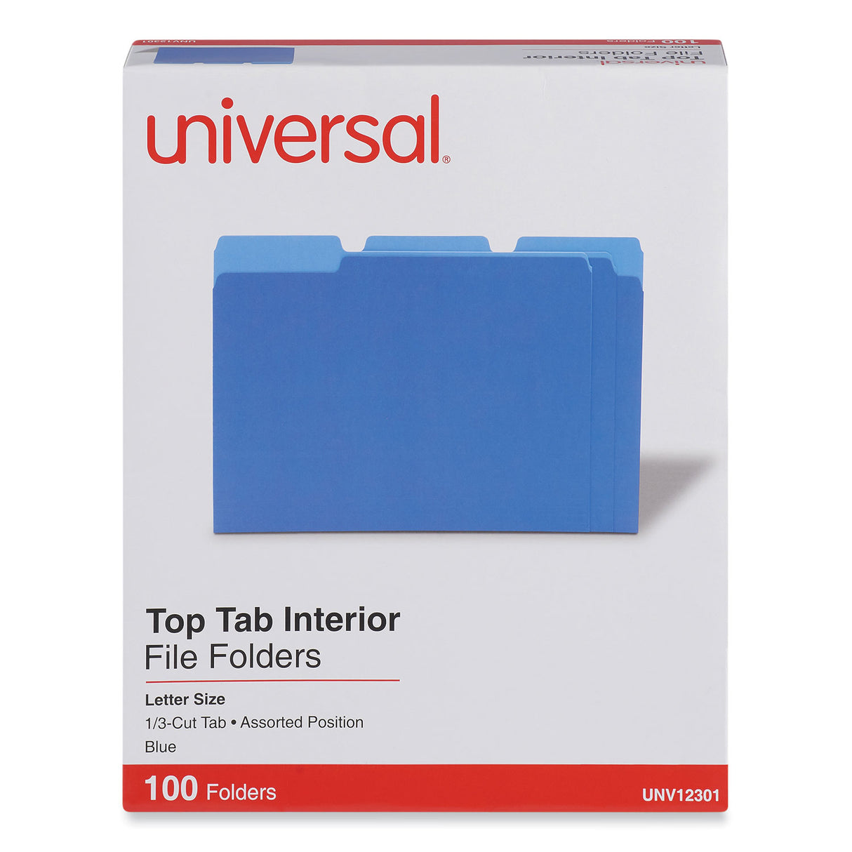 Universal Interior File Folders, 1/3-Cut Tabs: Assorted, Letter Size, 11-pt Stock, Blue, 100/Box (UNV12301)