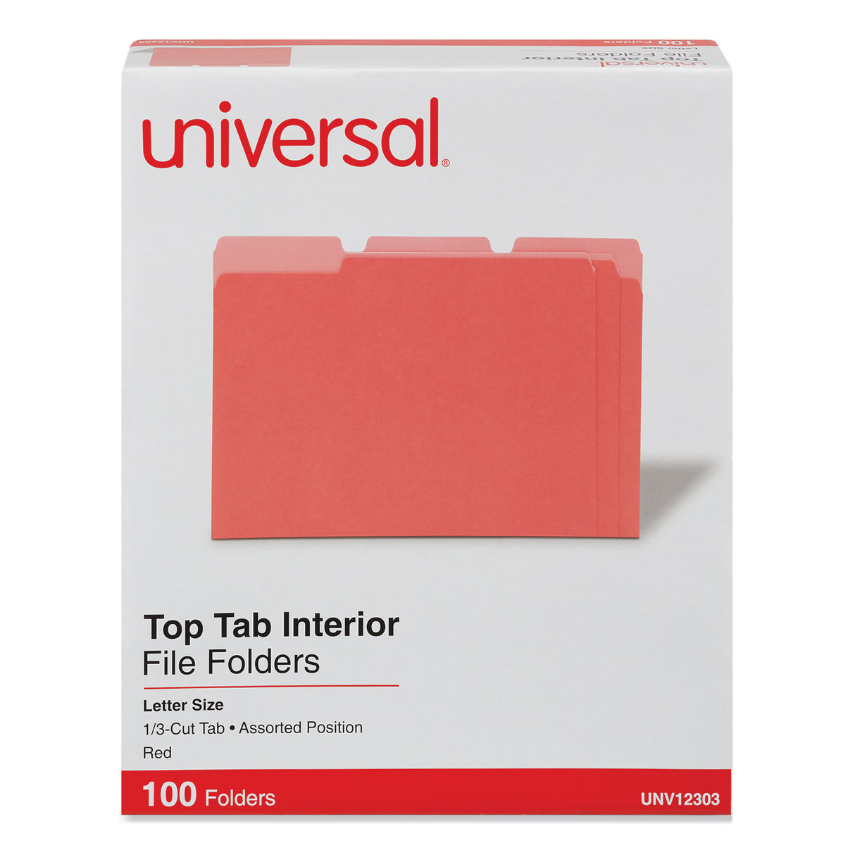 Universal Interior File Folders, 1/3-Cut Tabs: Assorted, Letter Size, 11-pt Stock, Red, 100/Box (UNV12303)