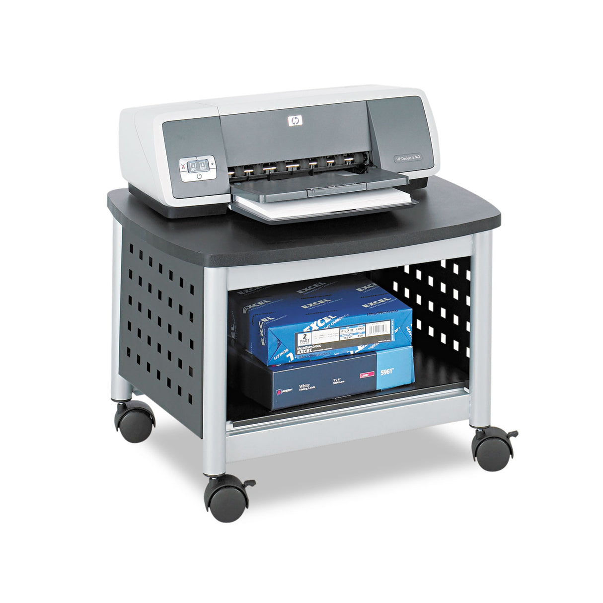 Safco Scoot Under-Desk Printer Stand, Metal, 2 Shelves, 100 lb Capacity, 20.25" x 16.5" x 14.5", Black/Silver (1855BL)