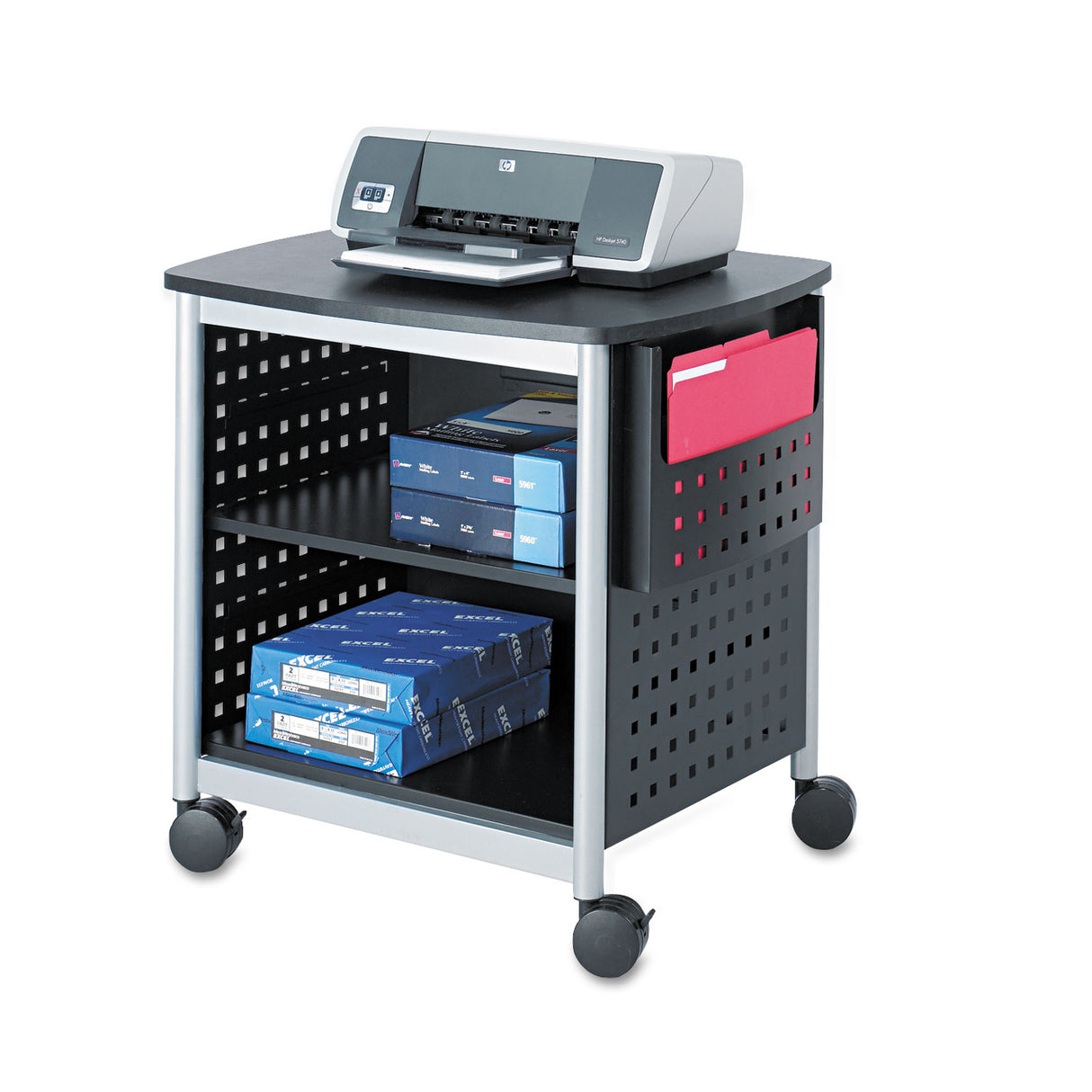 Safco Scoot Deskside Printer Stand, File Pocket, Metal, 3 Shelves, 1 Bin, 200 lb Capacity, 26.5 x 20.5 x 26.5, Black/Silver (1856BL)