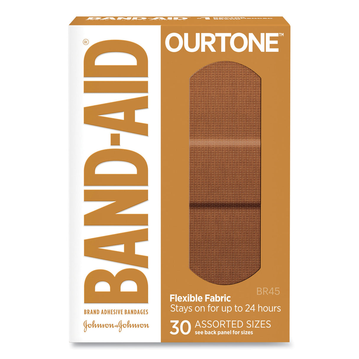 BAND-AID OurTone Adhesive Bandages, BR45, 2.25 x 0.63; 3 x 0.75; 3 x 1, Light Brown, 30/Pack (119585)