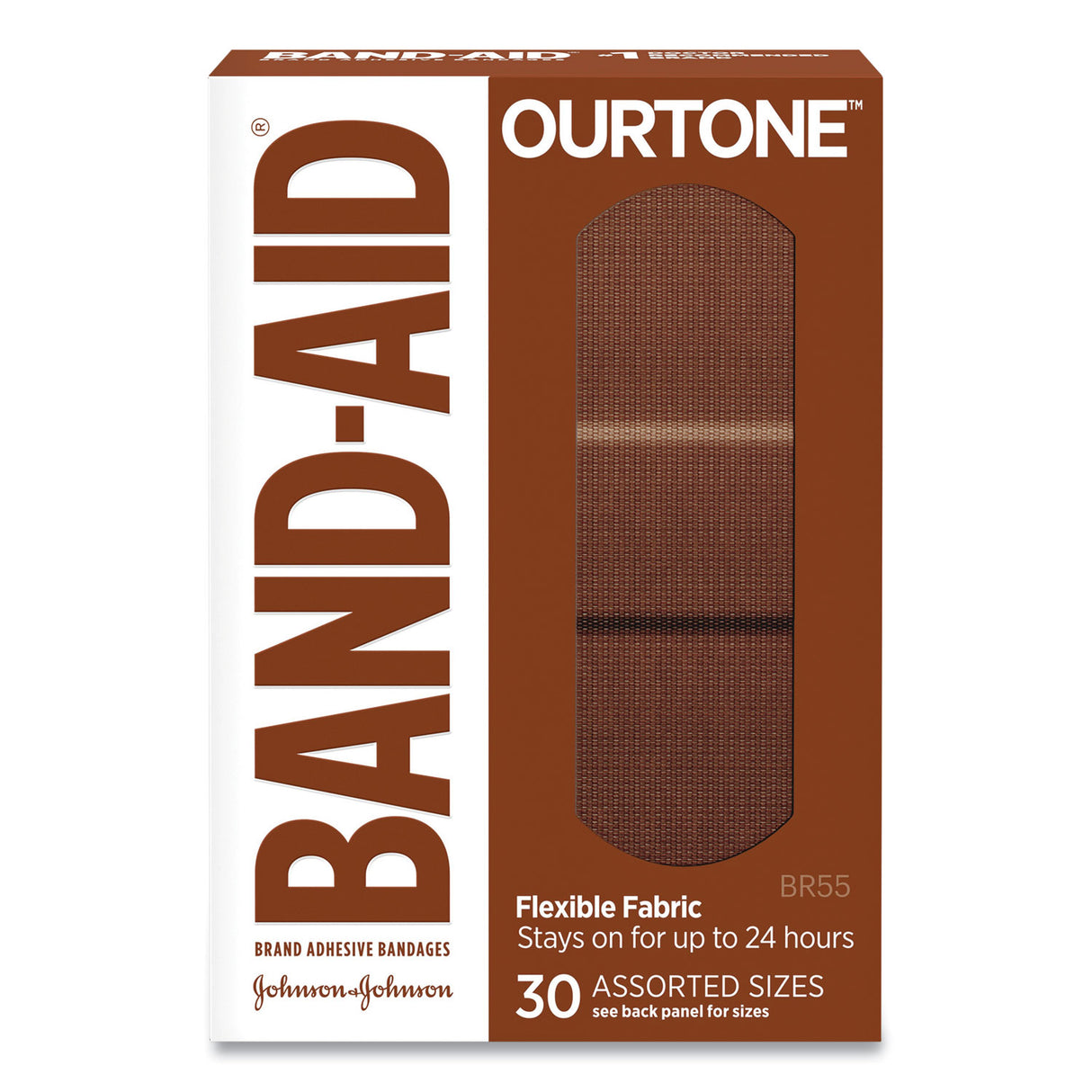 BAND-AID OurTone Adhesive Bandages, BR55, 2.25 x 0.63; 3 x 0.75; 3 x 1, Medium Brown, 30/Pack (119586)