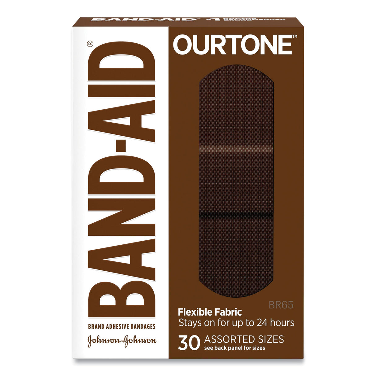 BAND-AID OurTone Adhesive Bandages, BR65, 2.25 x 0.63; 3 x 0.75; 3 x 1, Deep Brown, 30/Pack (119587)