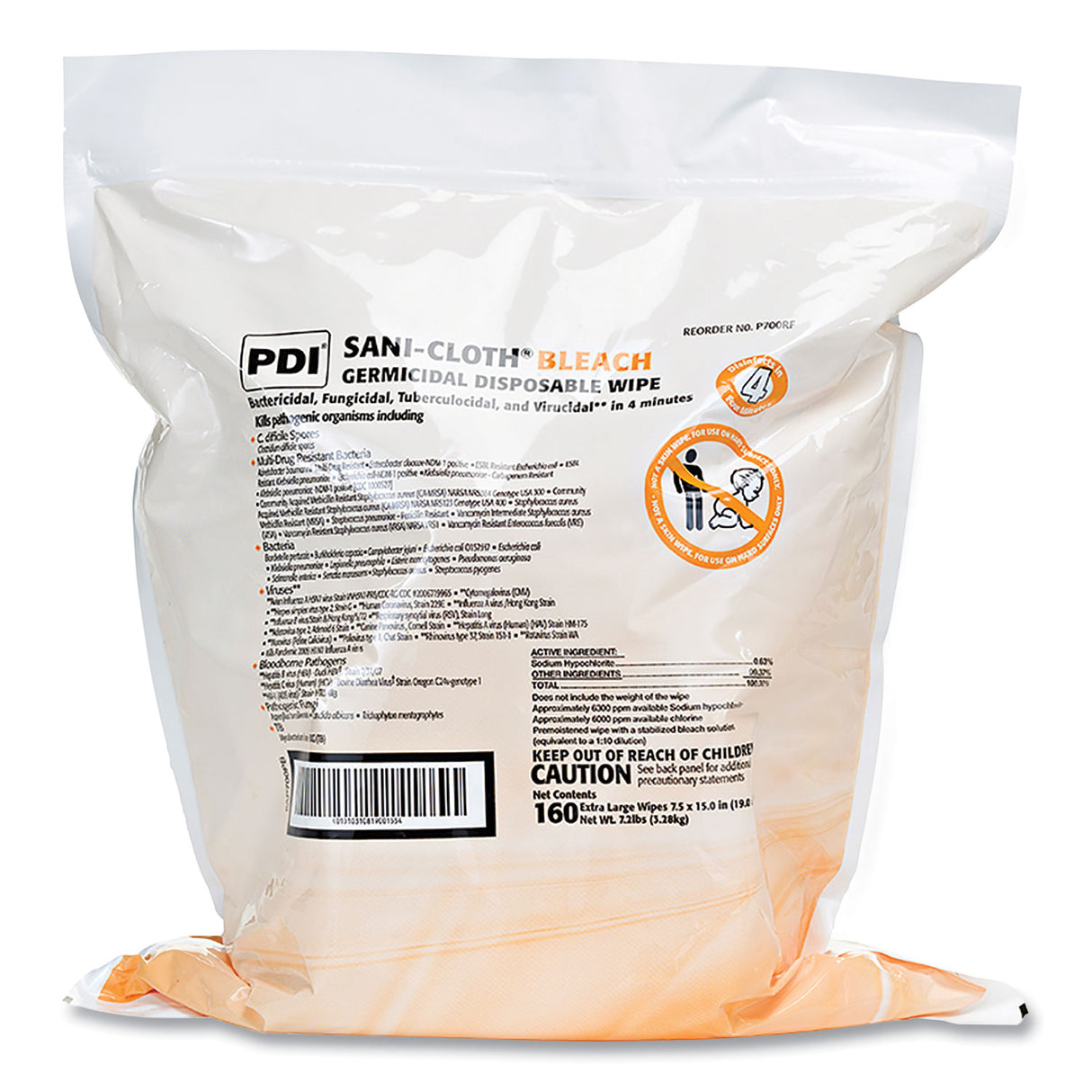 Sani-Cloth Bleach Germicidal Disposable Wipe Refill, 1-Ply, 7.5 x 15, Unscented, White, 160/Bag, 2 Bags/Carton (P700RF)