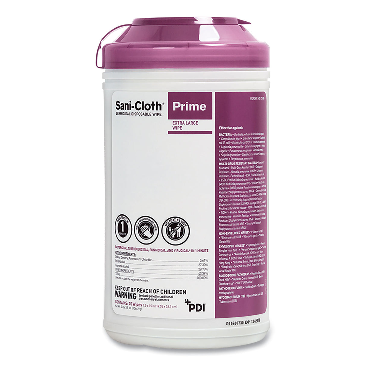 Sani-Cloth Prime Germicidal Disposable Wipes, Extra-Large, 1-Ply, 7.5 x 15, Unscented, White, 70/Canister, 6 Canisters/Carton (P24284)