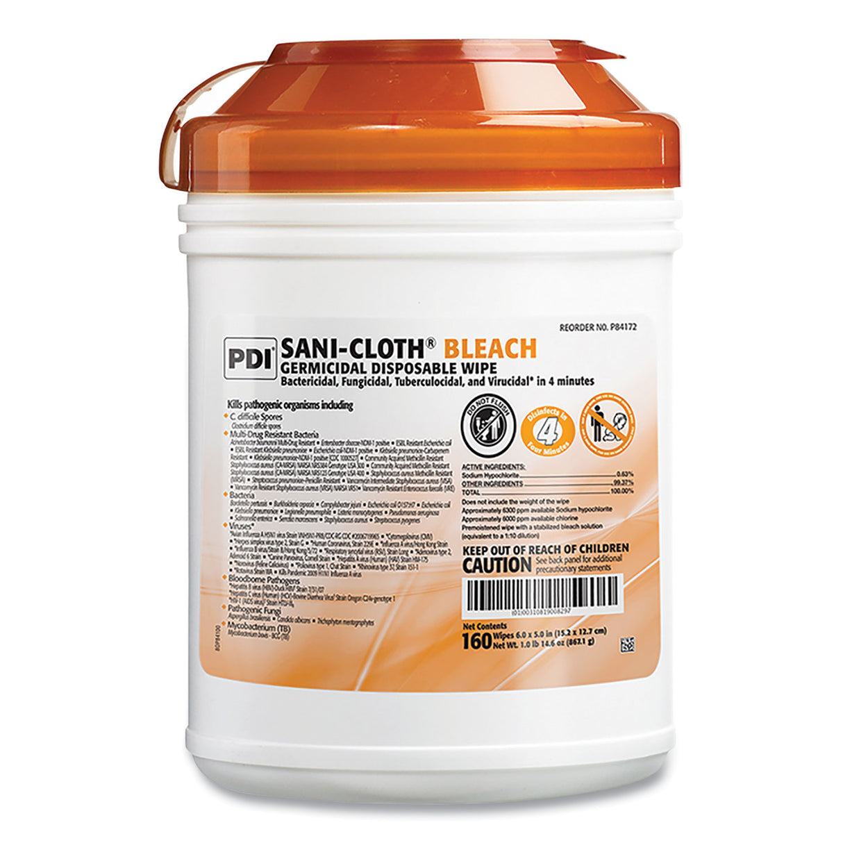 Sani-Cloth Bleach Germicidal Disposable Wipes, 1-Ply, 6 x 5, Unscented, White, 160/Canister, 12 Canisters/Carton (P84172)
