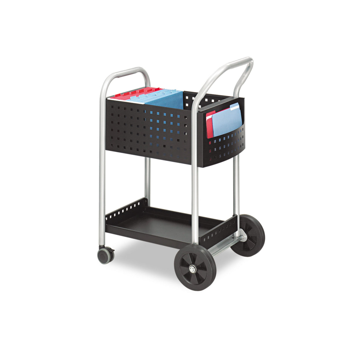 Safco Scoot Dual-Purpose Mail and Filing Cart, Metal, 1 Shelf, 2 Bins, 22" x 27" x 40.5", Black/Silver (5238BL)