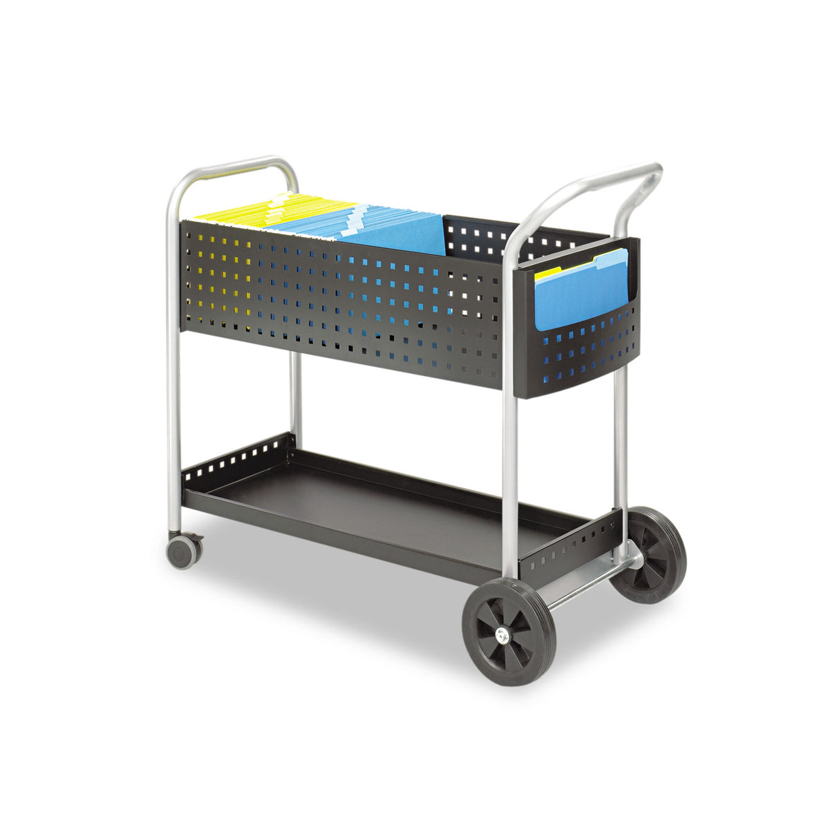 Safco Scoot Dual-Purpose Mail and Filing Cart, Metal, 1 Shelf, 2 Bins, 22.5" x 39.5" x 40.75", Black/Silver (5239BL)