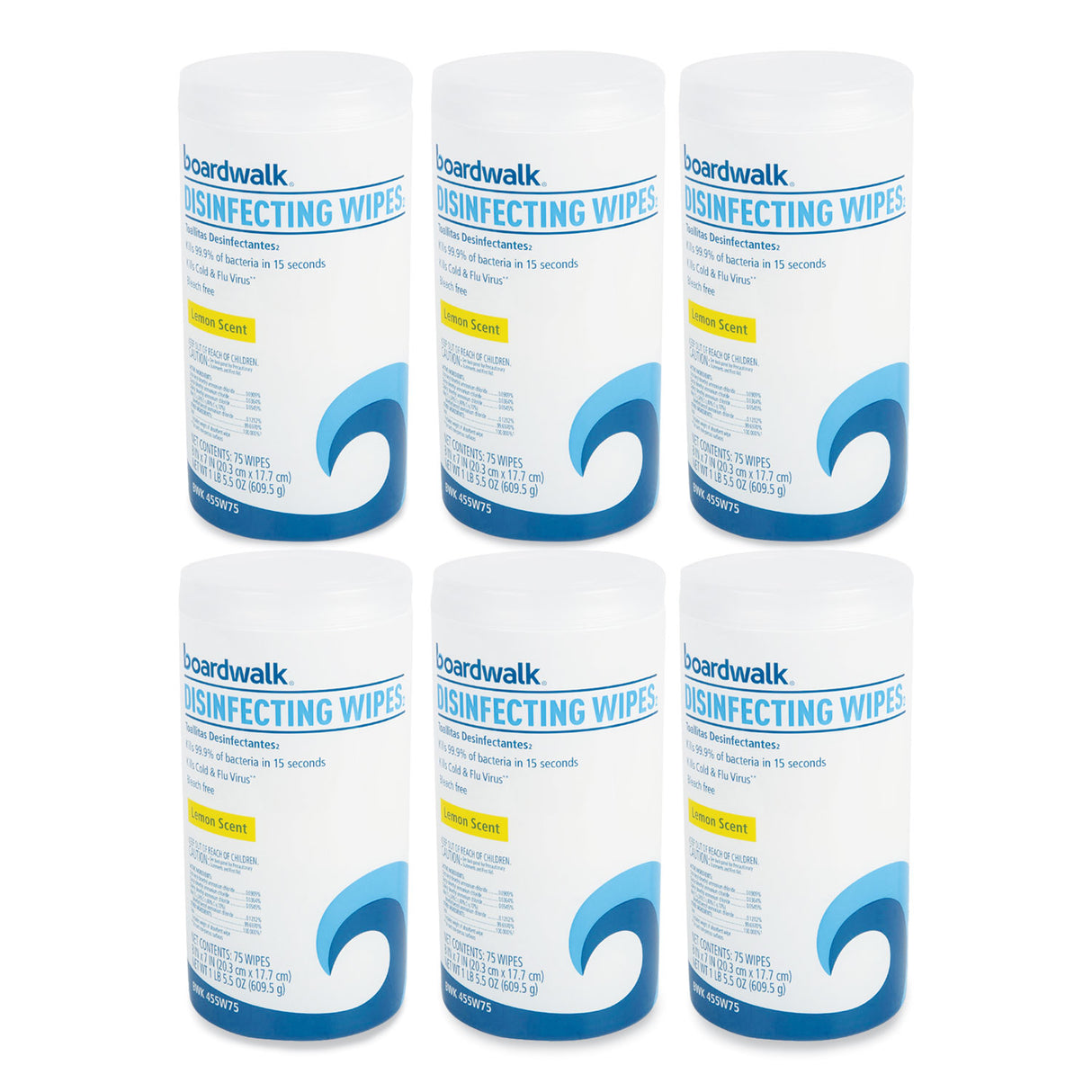 BoardwalkÂ® Disinfecting Wipes, Lemon, 75 Wipes, 6 Canisters (BWK455W75)