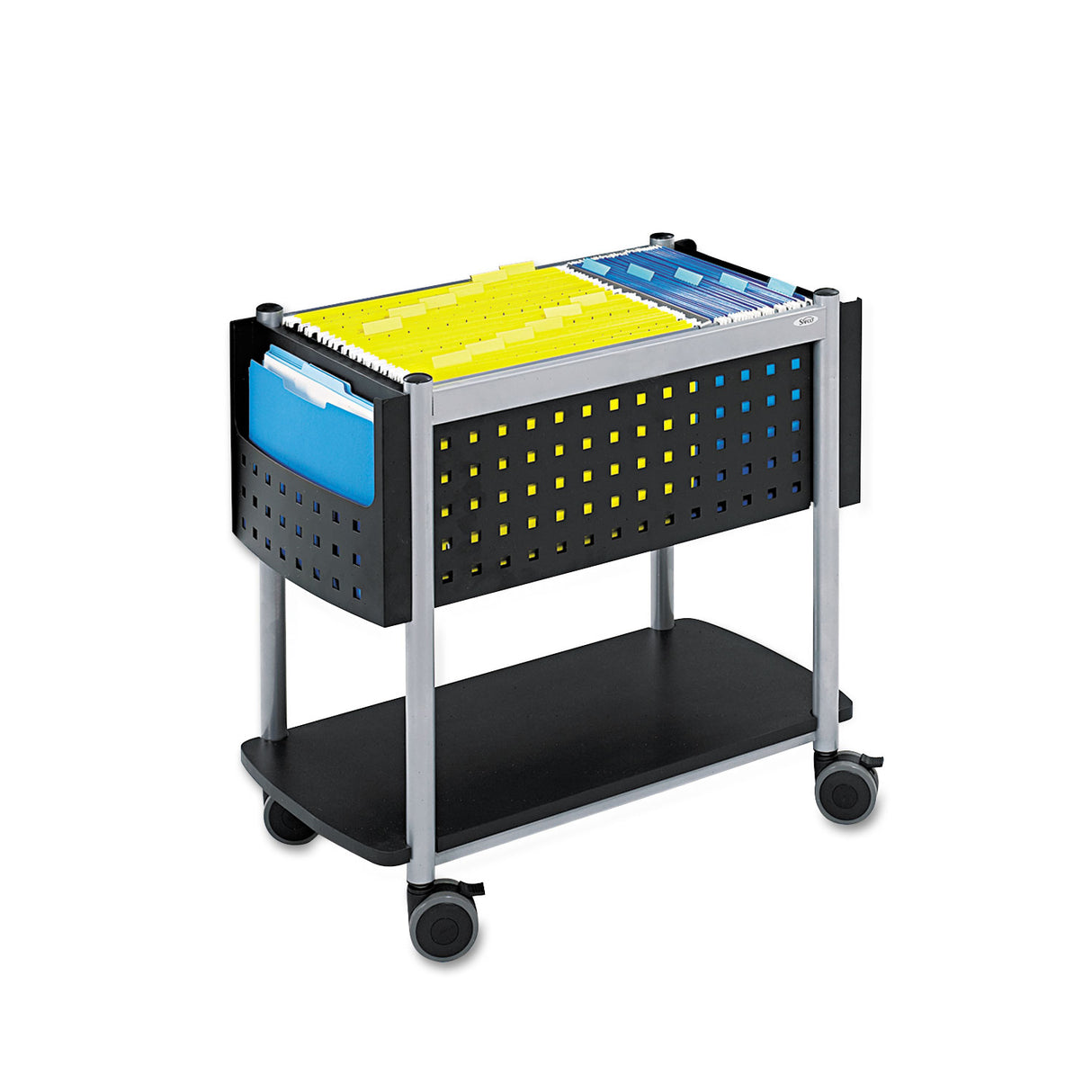 Safco Scoot Open Top Mobile File Cart, Metal, 1 Shelf, 3 Bins, 28" x 14.75" x 26", Black/Silver (5373BL)