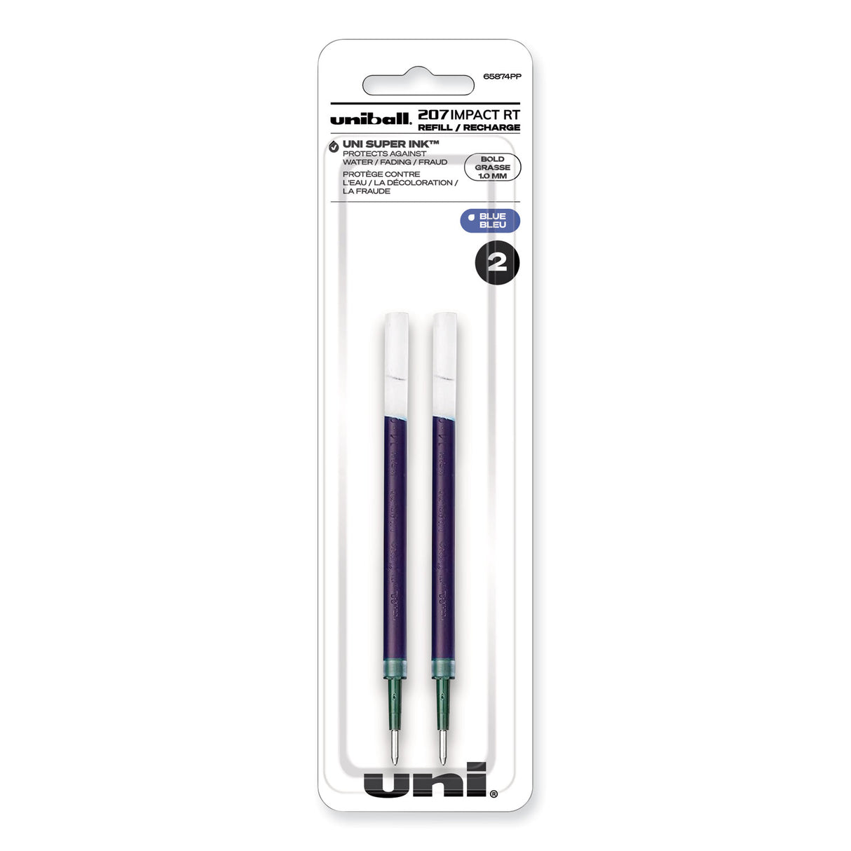uni-ball 207 Impact RT Gel Retractable Pen Refills, Bold 1 mm Conical Tip, Blue Ink, 2/Pack (65874PP)