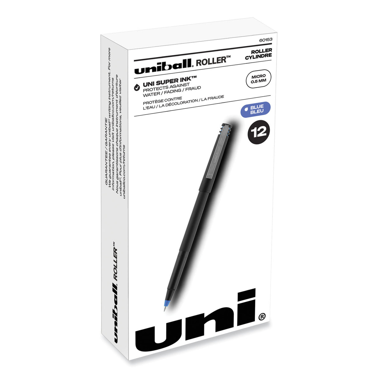 uni-ball Roller Ball Pen, Stick, Extra-Fine 0.5 mm, Blue Ink, Black/Blue Barrel, Dozen (60153)