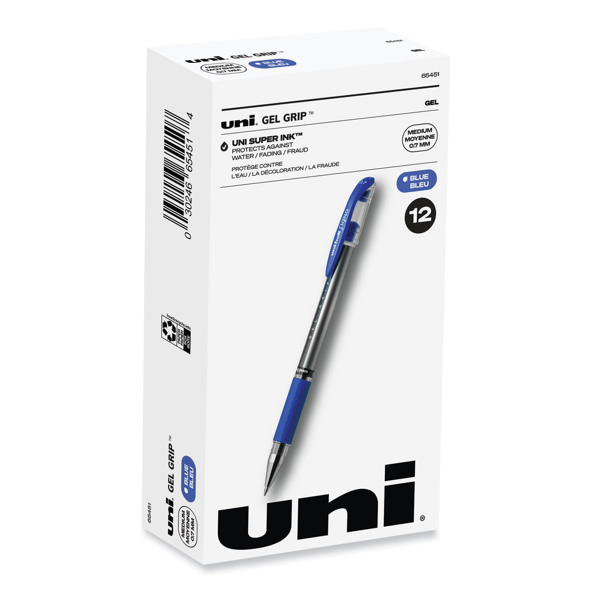 uni-ball Signo GRIP Gel Pen, Stick, Medium 0.7 mm, Blue Ink, Clear/Blue/Silver Barrel, Dozen (65451)