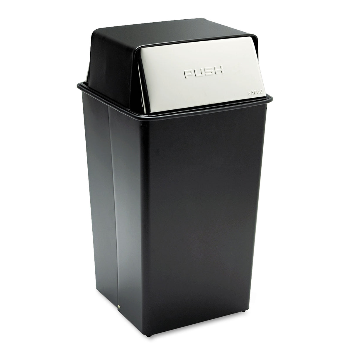 Safco Reflections Push Top Square Receptacle, 36 gal, Steel, Black/Chrome (9895)