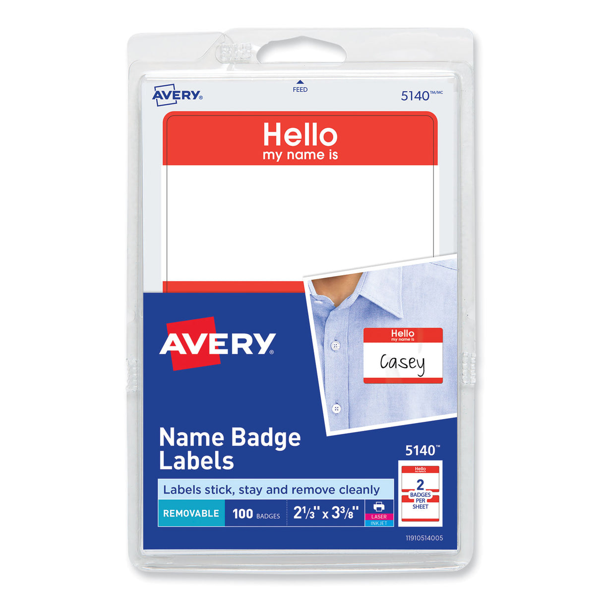 Avery Printable Self-Adhesive Name Badges, 2 1/3 x 3 3/8, Red "Hello", 100/Pack (5140)