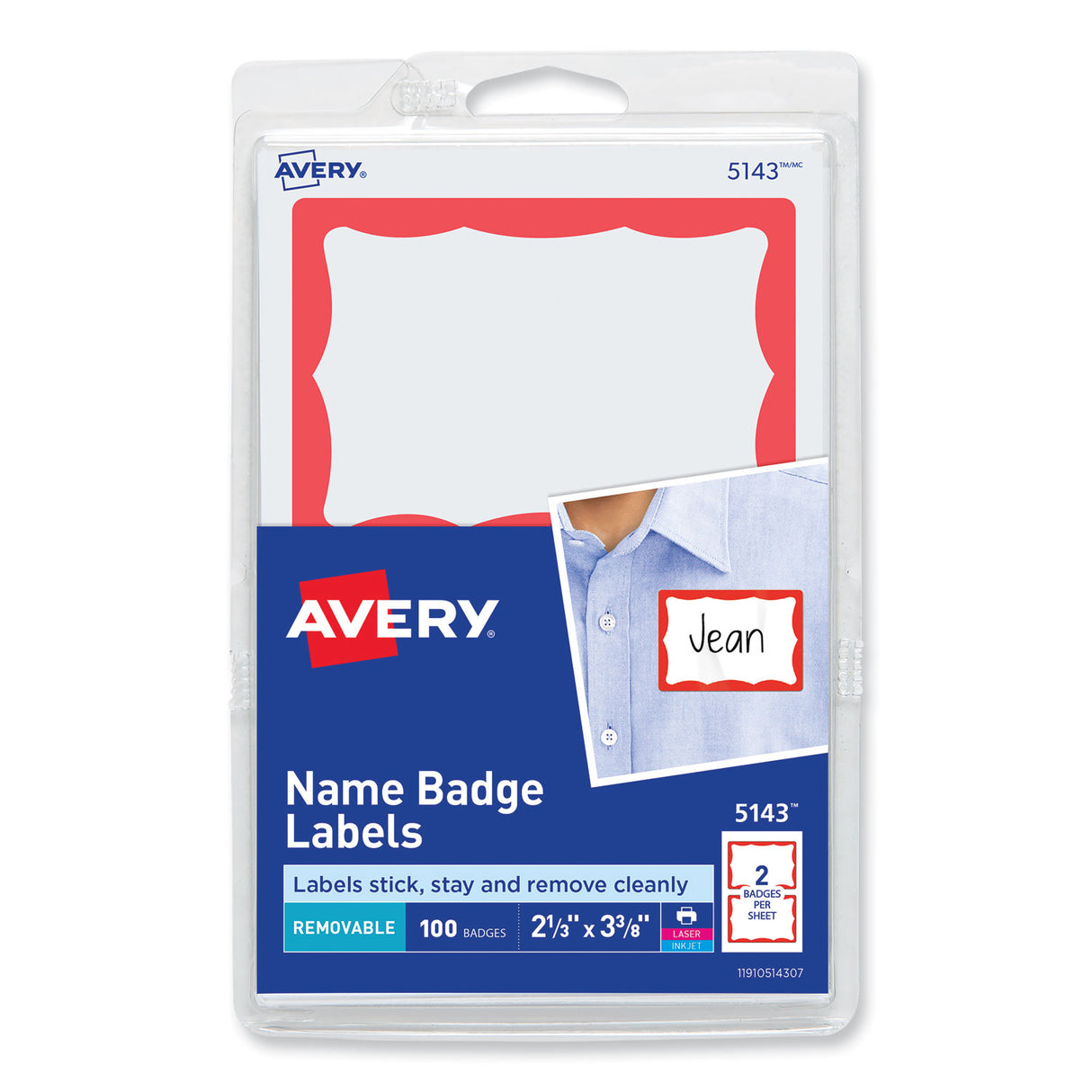 Avery Printable Adhesive Name Badges, 3.38 x 2.33, Red Border, 100/Pack (5143)