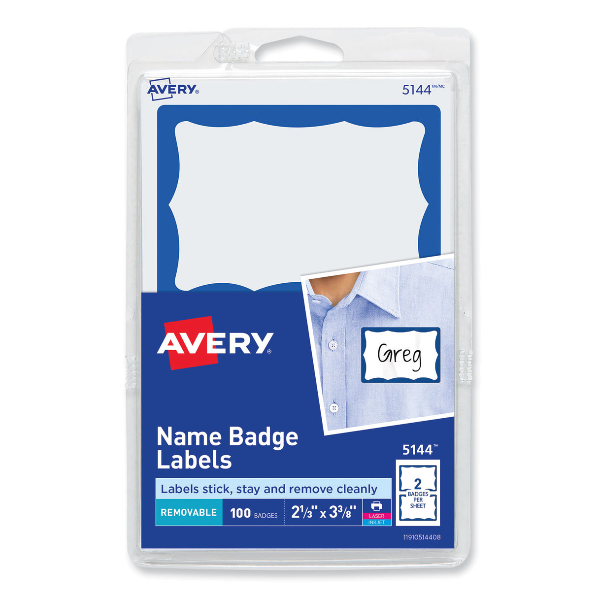 Avery Printable Adhesive Name Badges, 3.38 x 2.33, Blue Border, 100/Pack (5144)