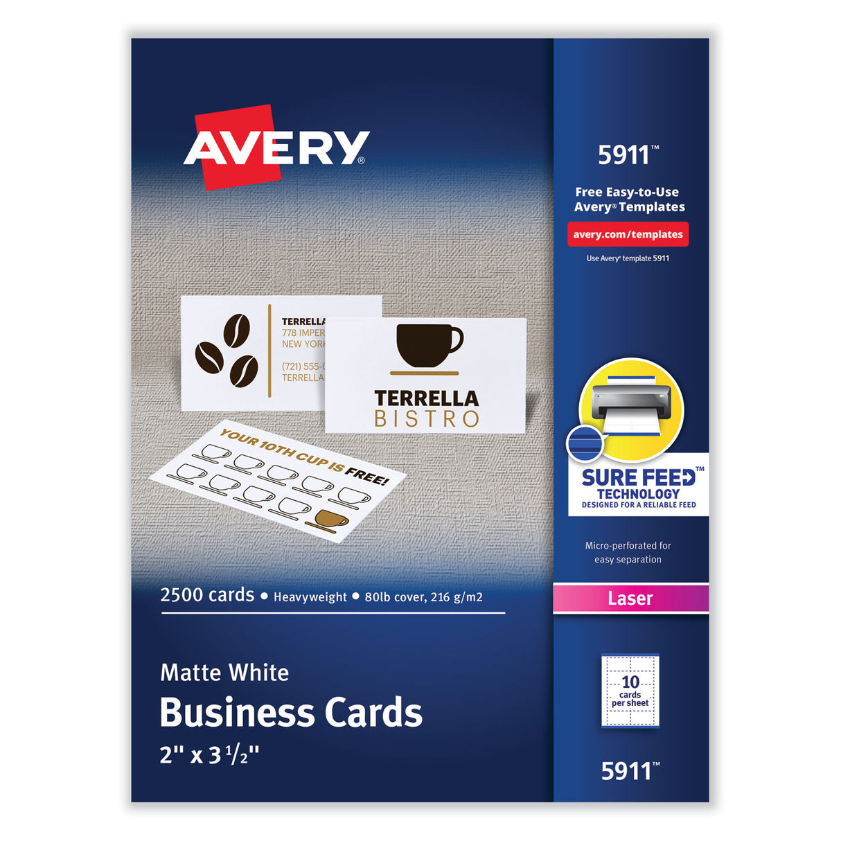 Avery Printable Microperforated Business Cards w/Sure Feed Technology, Laser, 2 x 3.5, White, 2,500 Cards, 10/Sheet, 250 Sheets/Box (5911)