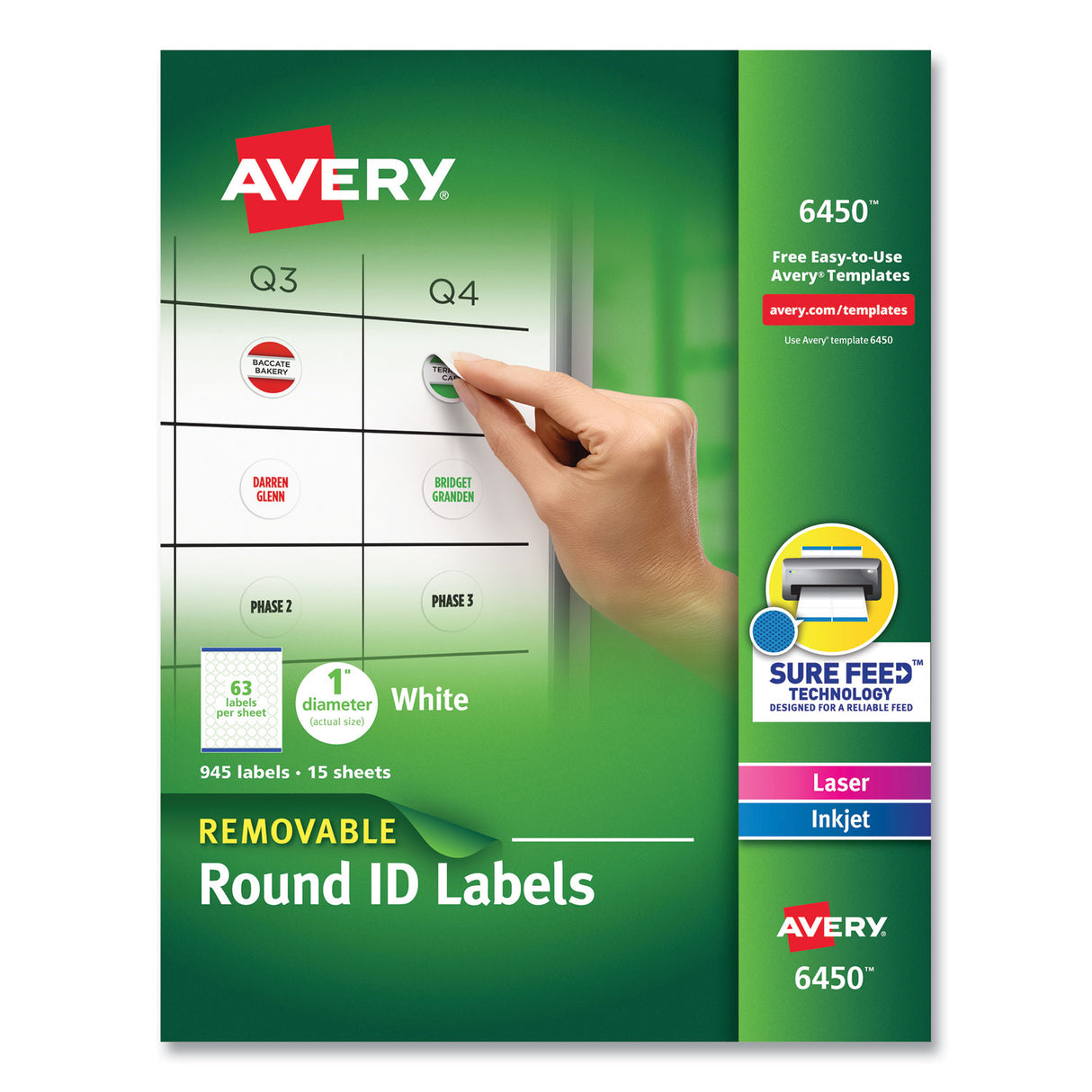 Avery Removable Multi-Use Labels, Inkjet/Laser Printers, 1" dia, White, 63/Sheet, 15 Sheets/Pack (6450)