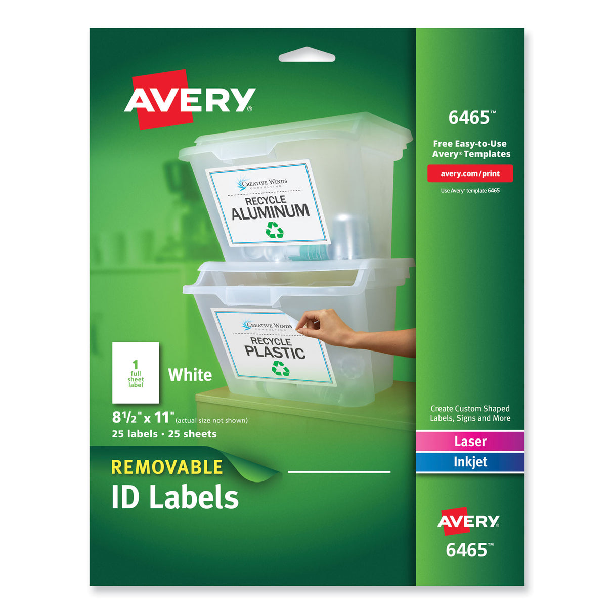Avery Removable Multi-Use Labels, Inkjet/Laser Printers, 8.5 x 11, White, 25/Pack (6465)