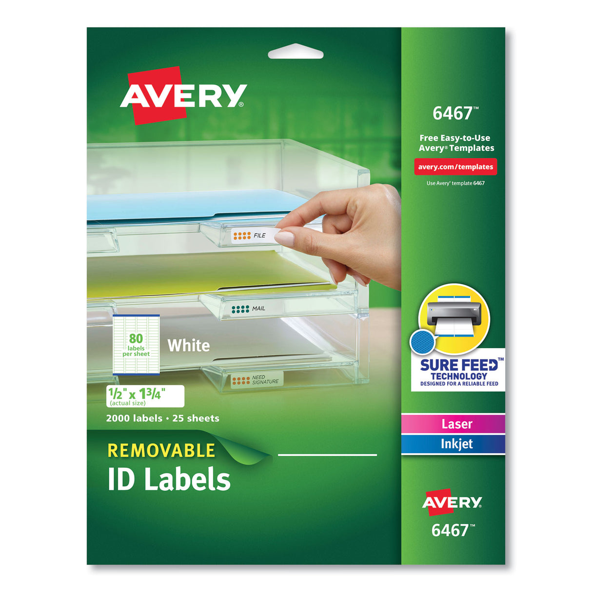 Avery Removable Multi-Use Labels, Inkjet/Laser Printers, 0.5 x 1.75, White, 80/Sheet, 25 Sheets/Pack (6467)