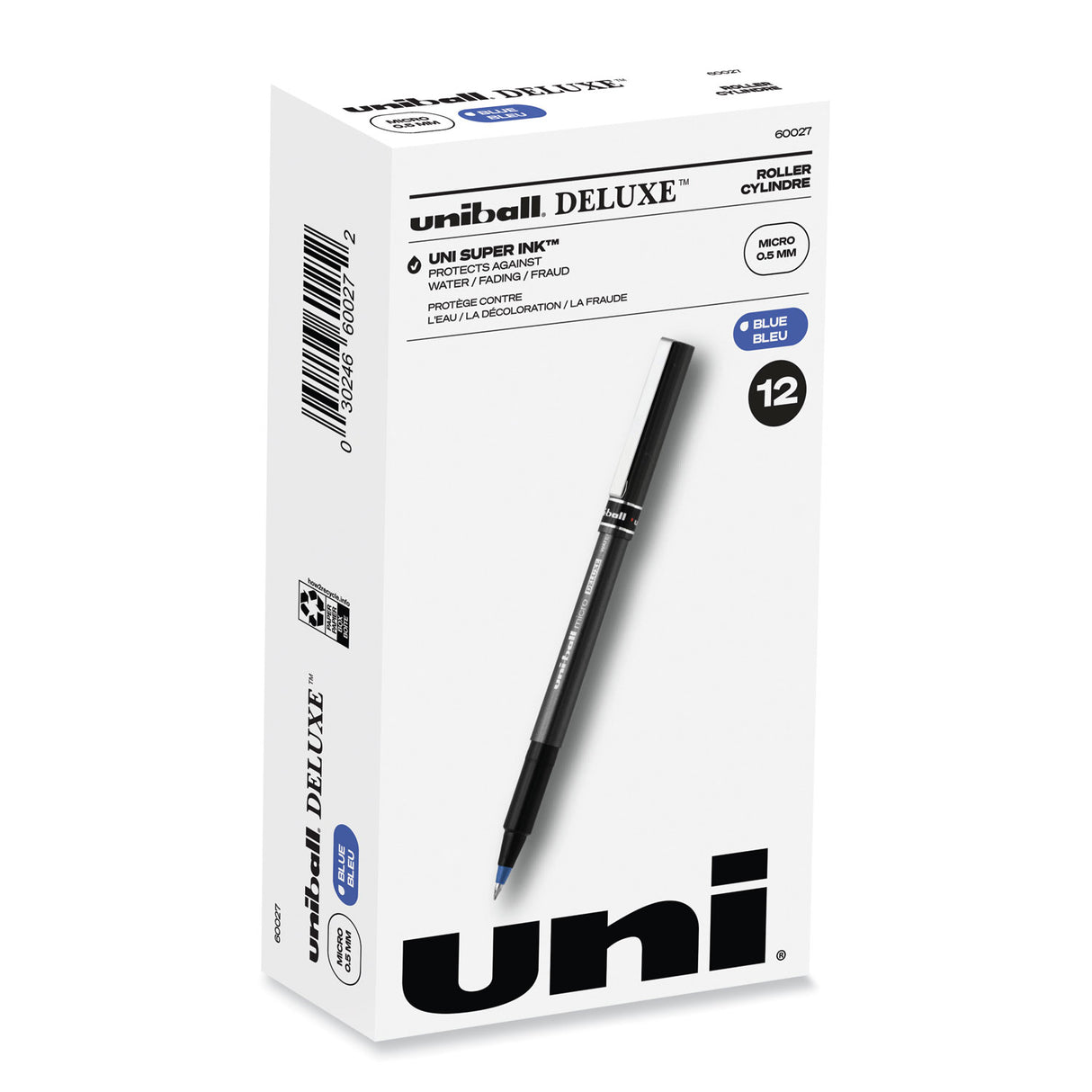 uni-ball Deluxe Roller Ball Pen, Stick, Extra-Fine 0.5 mm, Blue Ink, Metallic Gray/Black/Blue Barrel, Dozen (60027)