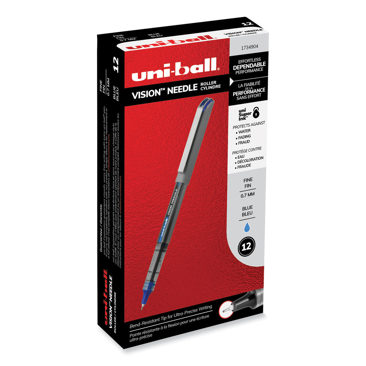 uni-ball VISION Needle Roller Ball Pen, Stick, Fine 0.7 mm, Blue Ink, Gray/Clear/Blue Barrel, Dozen (1734904)
