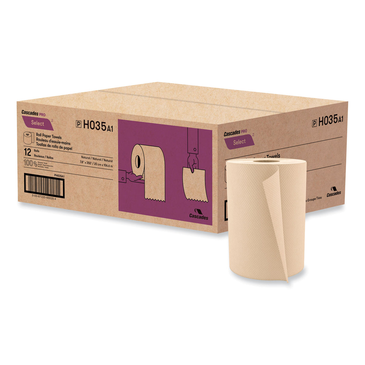 Cascades Select Hardwound Roll Towels, 1-Ply, 7.88" x 350 ft, Natural, 12 Rolls/Carton (H035)