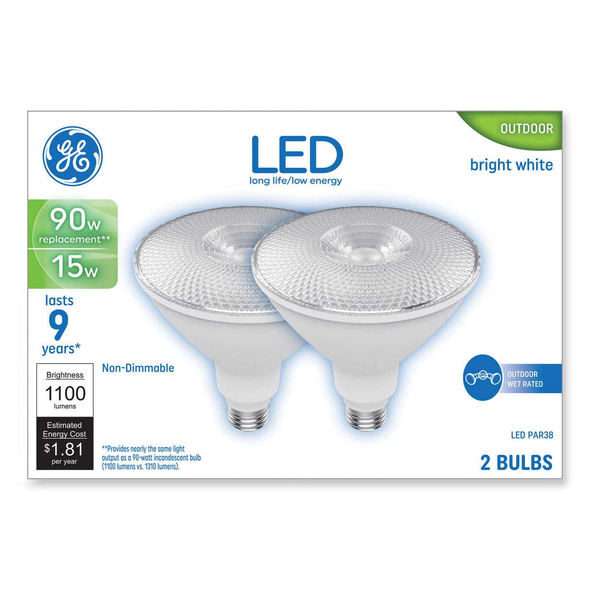 GE LED PAR38 Non-Dimmable Outdoor Flood Light Bulb, 15 W, Bright White, 2/Pack (93129298)