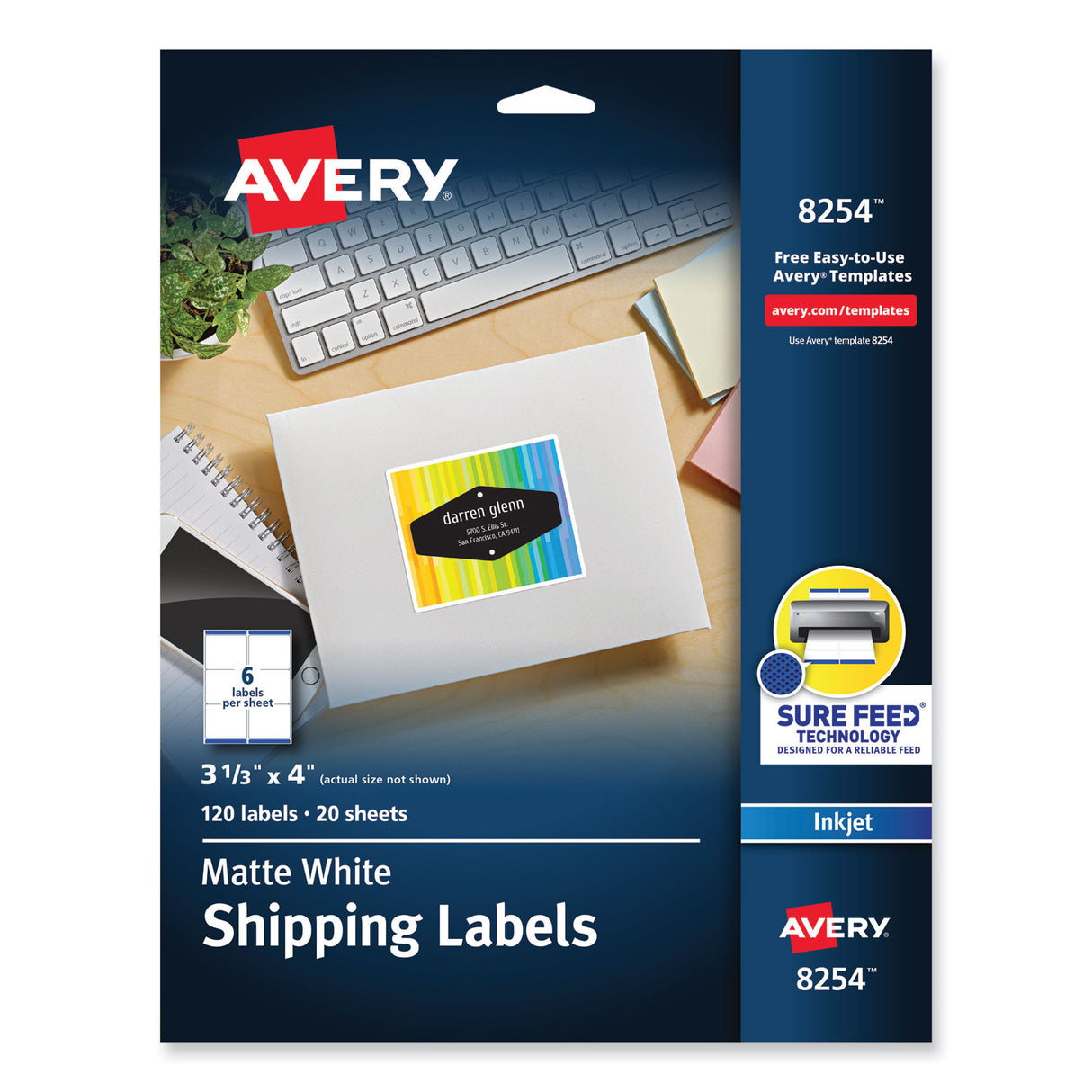 Avery Vibrant Inkjet Color-Print Labels w/ Sure Feed, 3.33 x 4, Matte White, 120/PK (8254)