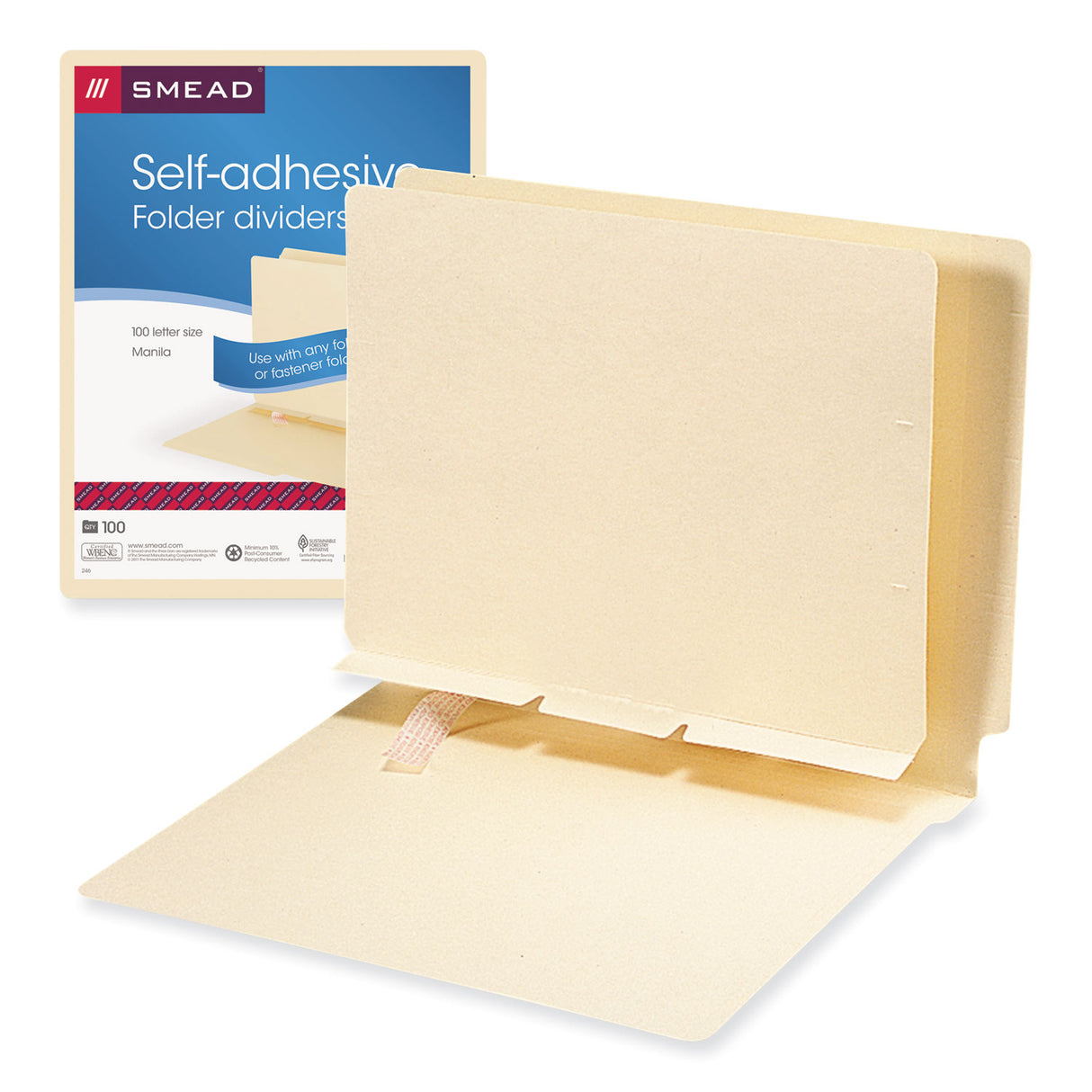 Smead Self-Adhesive Folder Dividers for Top/End Tab Folders, Prepunched for Fasteners, 1 Fastener, Letter Size, Manila, 100/Box (68021)