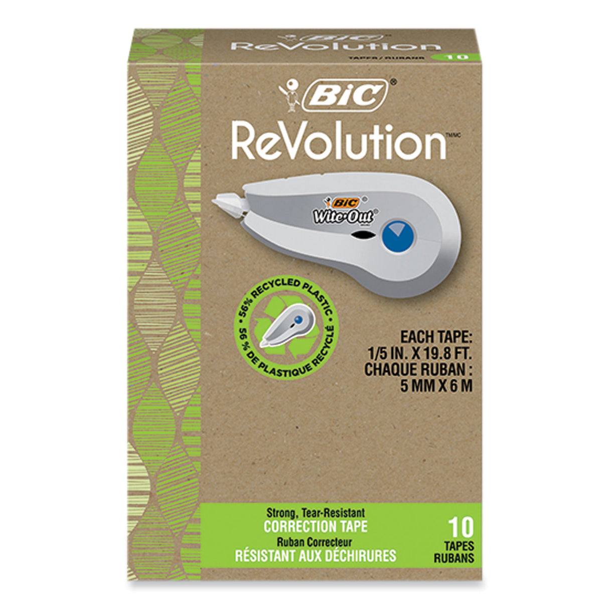 BIC Wite-Out Brand Ecolutions Correction Tape, Non-Refillable, White, 0.2" x 19.8 ft, 10/Pack (WOET10WHI)