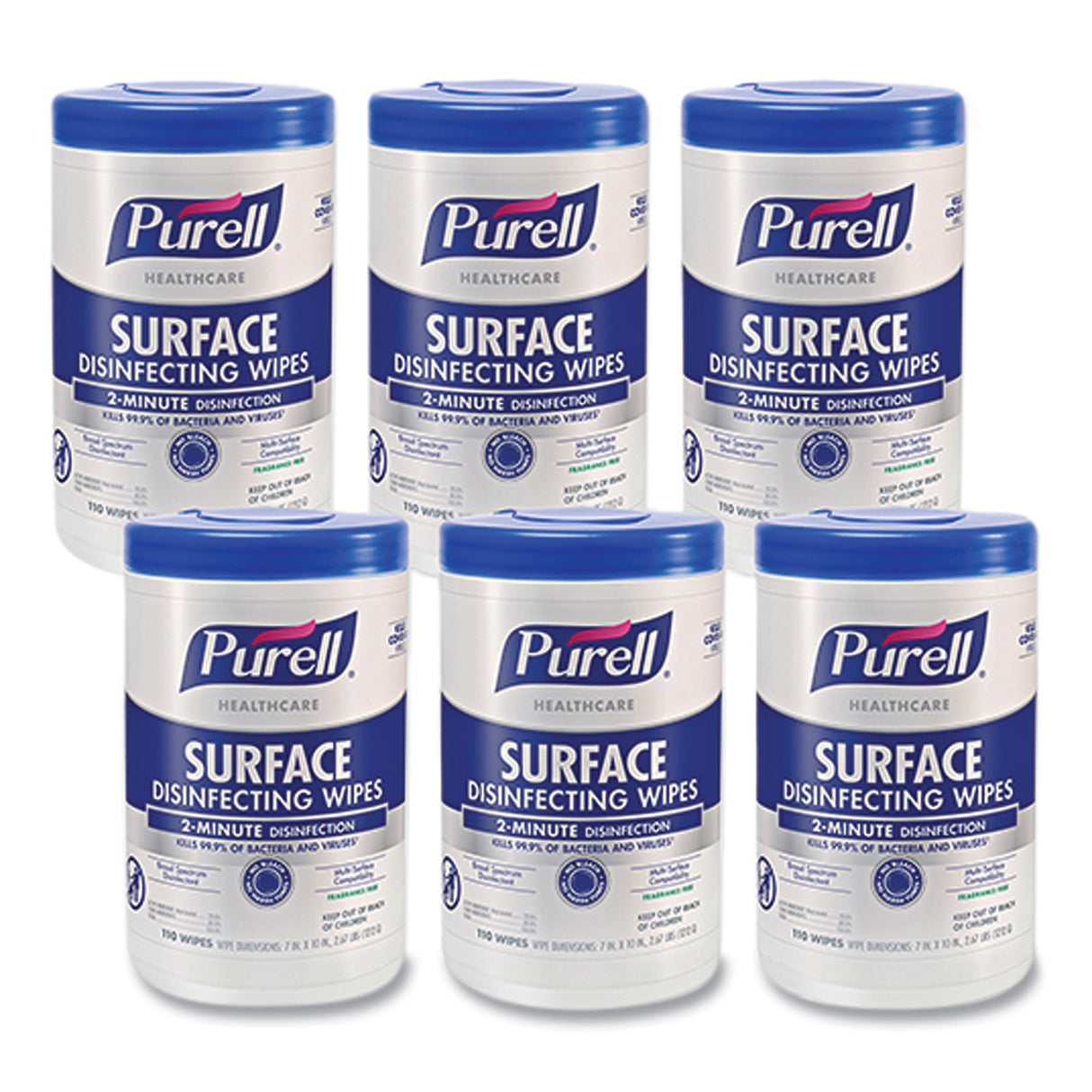 PURELL Healthcare Surface Disinfecting Wipes, 1-Ply, 7" x 10", Unscented, White, 110 Wipes/Canister, 6 Canisters/Carton (934006)