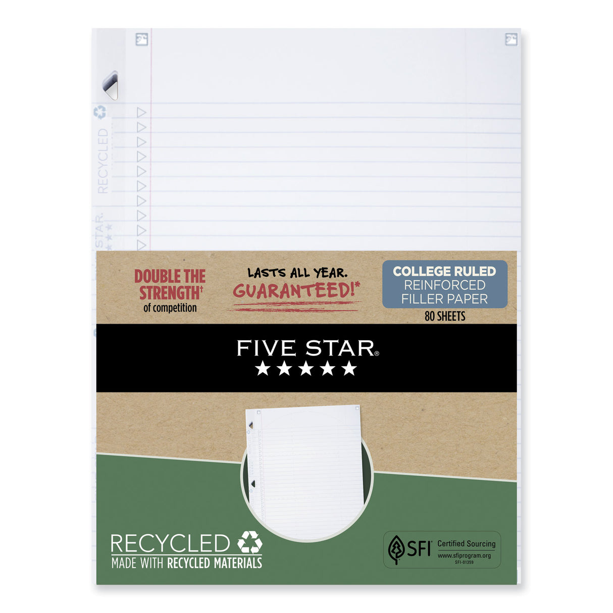 Five Star Reinforced Filler Paper Plus Study App, 3-Hole, 8.5 x 11, College Rule, 80/Pack (170023)