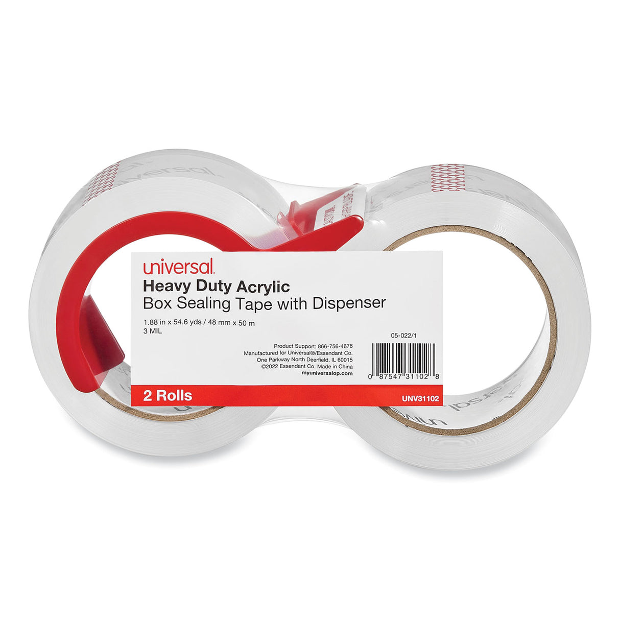 Universal Heavy-Duty Acrylic Box Sealing Tape with Dispenser, 3" Core, 1.88" x 54.6 yds, Clear, 2/Pack (UNV31102)
