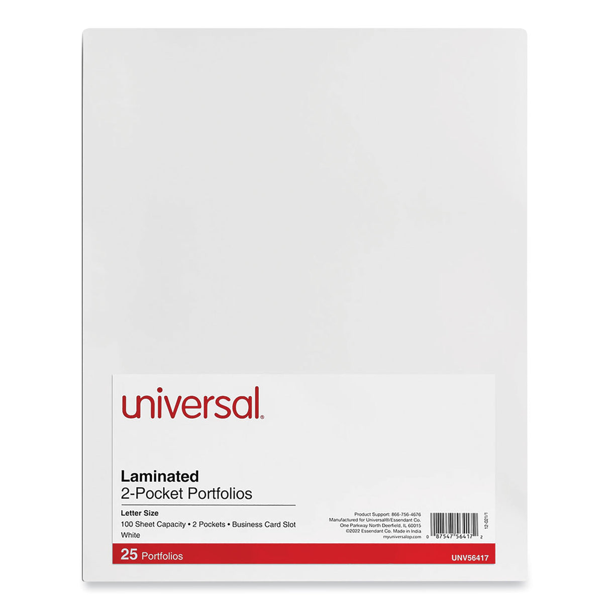 Universal Laminated Two-Pocket Portfolios, Cardboard Paper, 100-Sheet Capacity, 11 x 8.5, White, 25/Box (UNV56417)