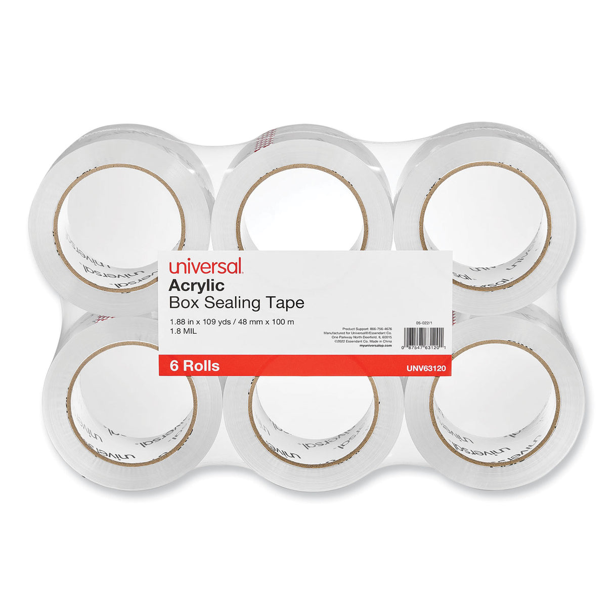 Universal Deluxe General-Purpose Acrylic Box Sealing Tape, 1.7 mil, 3" Core, 1.88" x 109 yds, Clear, 6/Pack (UNV63120)