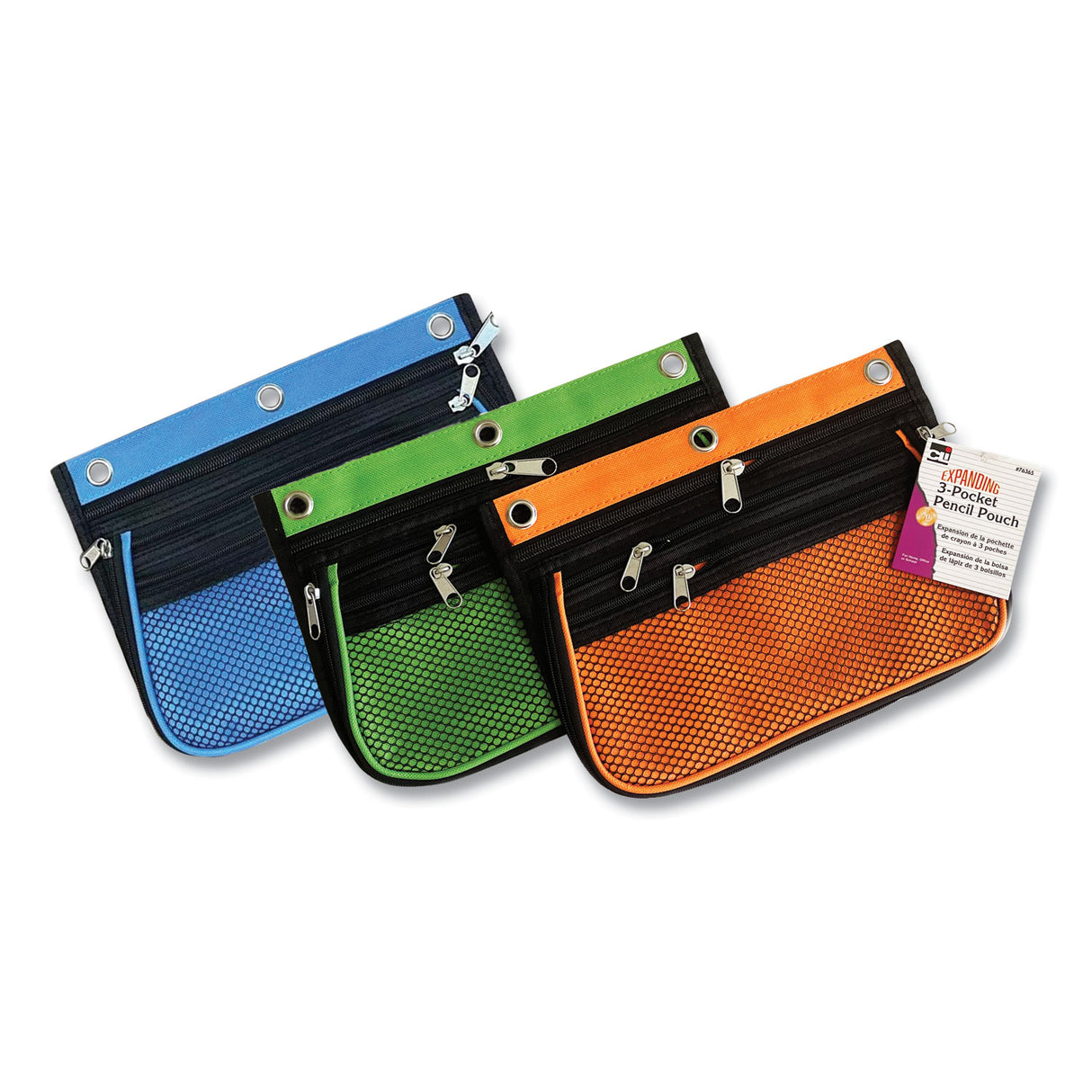 Charles Leonard Three-Pocket Binder-Insertable Expandable Pencil Pouch, 10.25 x 7.5, Assorted Colors, 3/Pack (763653)