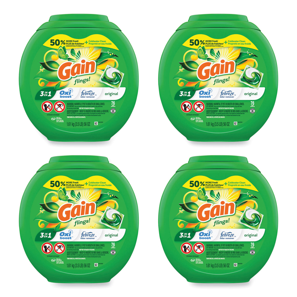 Gain Flings Detergent Pods, Original, 76 Pods/Tub, 4 Tubs/Carton (09207CT)