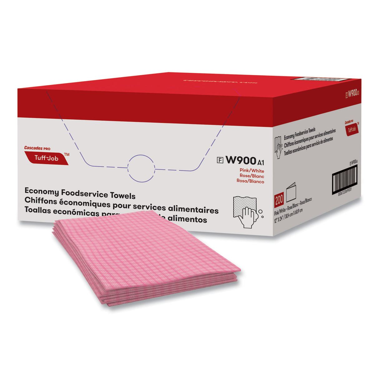Cascades Tuff-Job Foodservice Towels, 12 x 24, Pink/White, 200/Carton (W900)